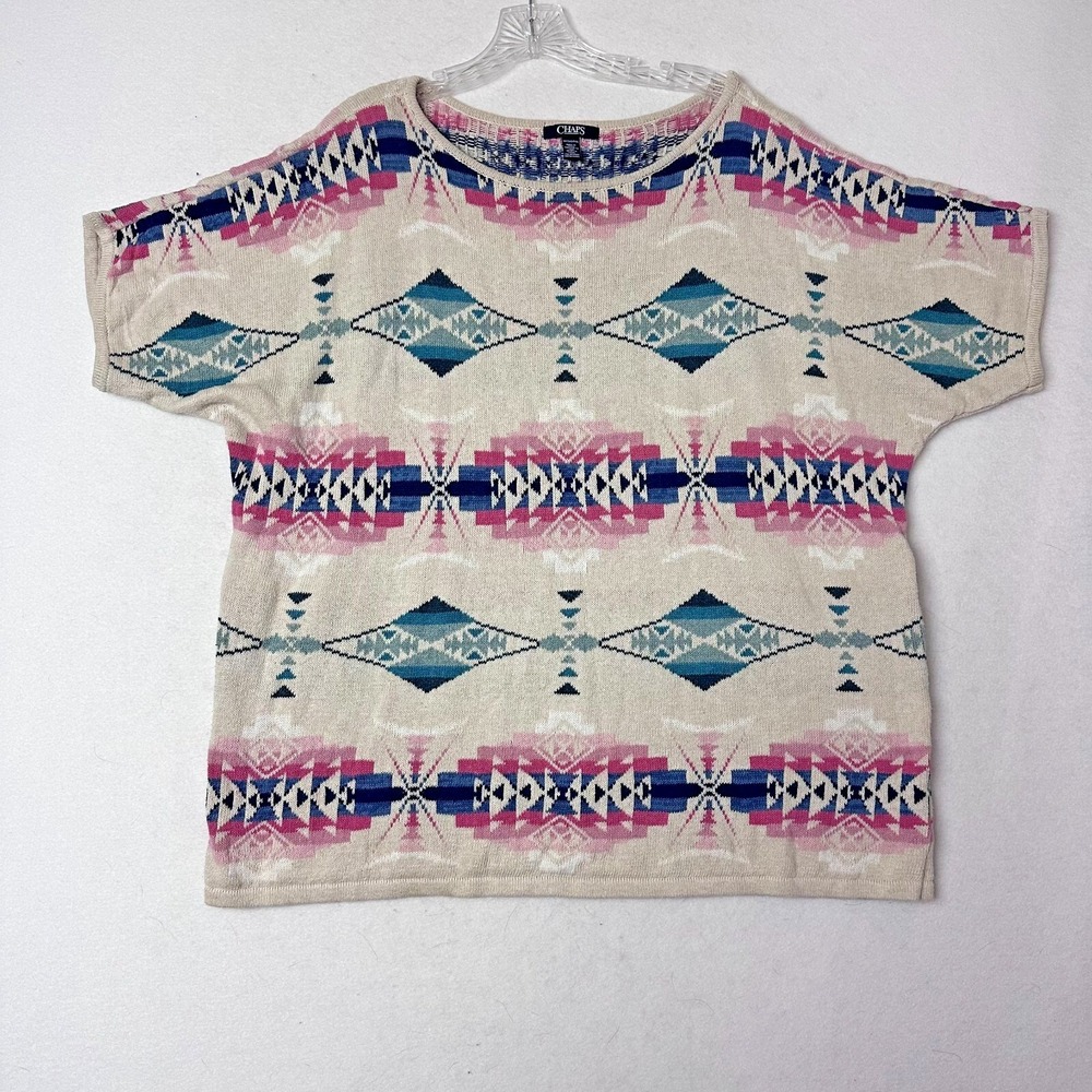 Chaps Womens 3X Southwestern Geometric Short Sleeve Knit Sweater Pink Blue Cream